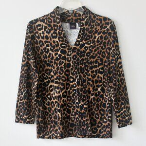 Rafaella Studio 100% Cotton Leopard Print V-Neck Long-Sleeve Seam Top Medium